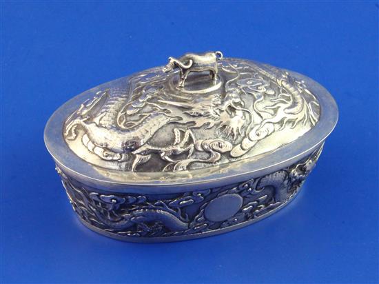 A late 19th/early 20th century Chinese silver oval butter dish and cover by Luen Wo, Shanghai, 5 oz.